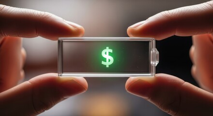 Fingers holding a battery with dollar sign glowing green
