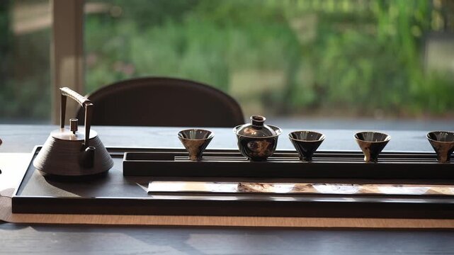 Traditional Chinese tea setting with teapot teacups and tea tray arranged on wooden table near window