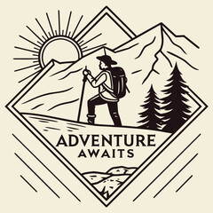 Obraz premium Adventure Awaits Typography with Mountain Hiking Illustration