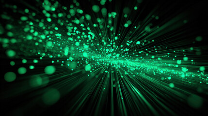 Dynamic green rays radiate with dense bokeh clusters on dark background representing energy flow and big data visualization for tech and environment