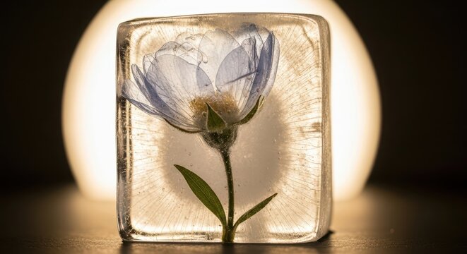 Blue flower frozen inside ice cube with glowing light behind - Powered by Adobe