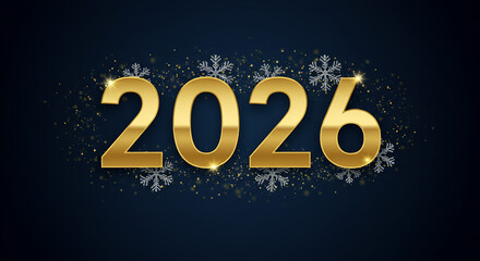 Golden 2026 text with snowflakes on dark background  