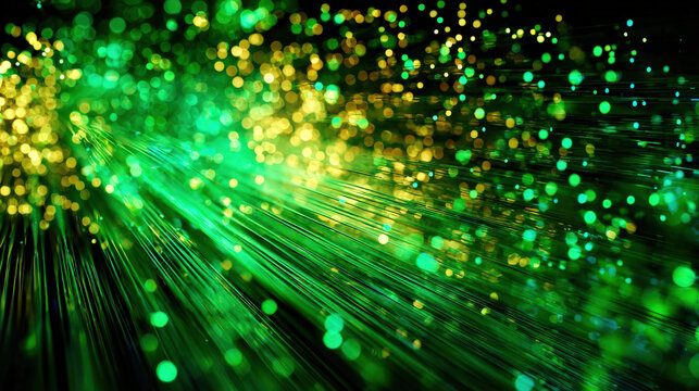 Dynamic green rays radiate with dense bokeh clusters on dark background representing energy flow and big data visualization for tech and environment - Powered by Adobe