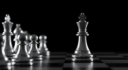 Chess Game Strategy One King Standing Facing Pawns Dark Background