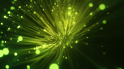 Dynamic green rays radiate with dense bokeh clusters on dark background representing energy flow and big data visualization for tech and environment
