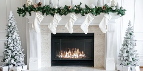 A festive Christmas scene is displayed above a white fireplace mantel. Five white stockings hang from the mantel, adorned with pinecones and small evergreen branches. 