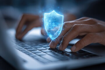 Digital security shield protecting data on a laptop keyboard.