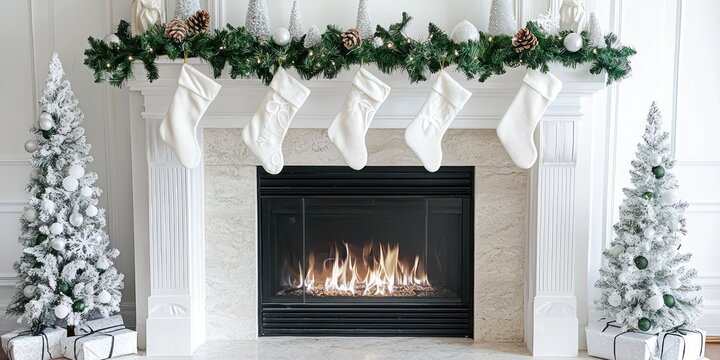 A festive Christmas scene is displayed above a white fireplace mantel. Five white stockings hang from the mantel, adorned with pinecones and small evergreen branches. 