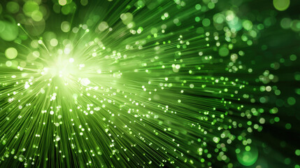 Dynamic green rays radiate with dense bokeh clusters on dark background representing energy flow and big data visualization for tech and environment