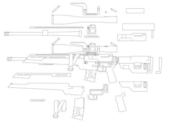Detailed blueprint of an rifle with visible parts and modern contour design on a stark white background.
