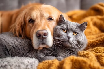 Golden retriever and grey cat lying on yellow blanket.