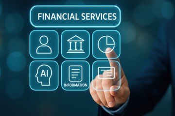 A hand interacts with a digital interface showcasing financial services options, including AI and information access.
