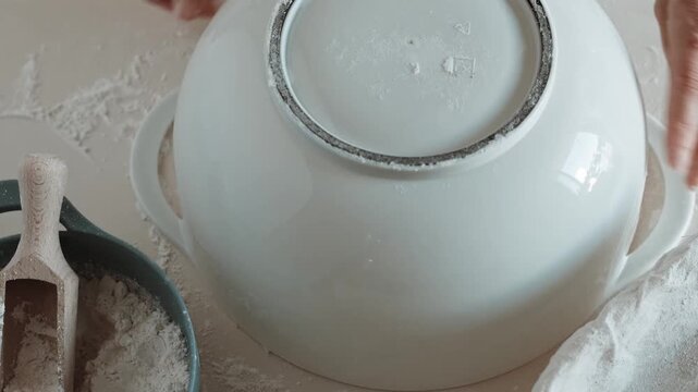 Close-up video of hands turning out and shaping bread dough on a floured kitchen counter, preparing a rustic loaf.