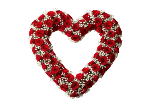 Heartshaped floral wreath of red roses and babys breath isolated on transparent background