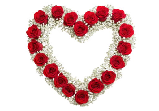 Heartshaped wreath of red roses and babys breath isolated on transparent background