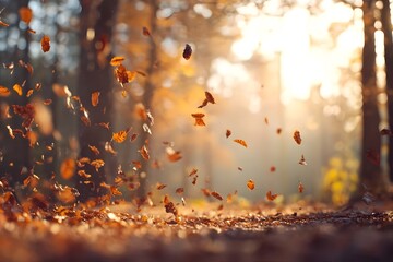 Autumn leaves falling in the forest at sunset.