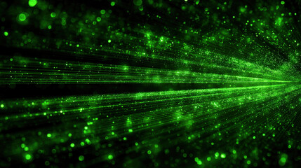 Dynamic green rays radiate with dense bokeh clusters on dark background representing energy flow and big data visualization for tech and environment