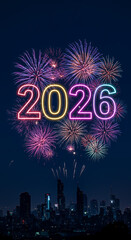 Colorful fireworks display with year 2026 over city skyline  