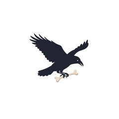 Black Crow in Flight Carrying Bone.