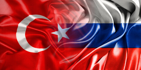 The national flags of Russia and Turkey are combined into one and placed side by side on a...
