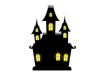 Spooky Halloween Haunted House Silhouette with Glowing Windows.