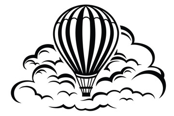 Hot Air Balloon in Clouds, Bold Black and White Design on White Background