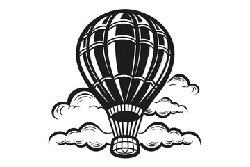 Naklejka premium Black and White Hot Air Balloon Silhouette with Stylized Clouds Icon