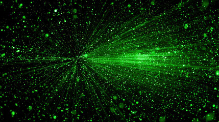 Dynamic green rays radiate with dense bokeh clusters on dark background representing energy flow and big data visualization for tech and environment