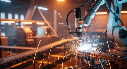 A robotic arm welding metal parts, creating sparks in a factory setting, showcasing automation.