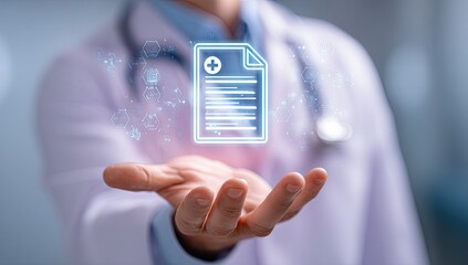 Doctor holding a glowing digital medical record icon for modern healthcare.