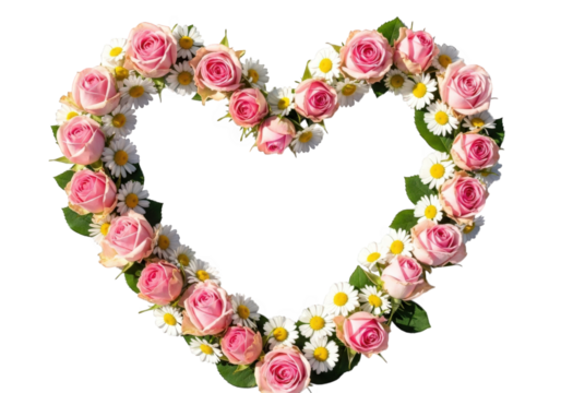 Pink rose and daisy heart frame isolated on transparent background