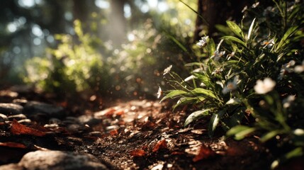 Obraz premium Sunlit Wildflower Patch Along a Forest Trail in the Early Morning Glow