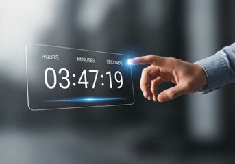 Finger touching digital screen displaying time and data