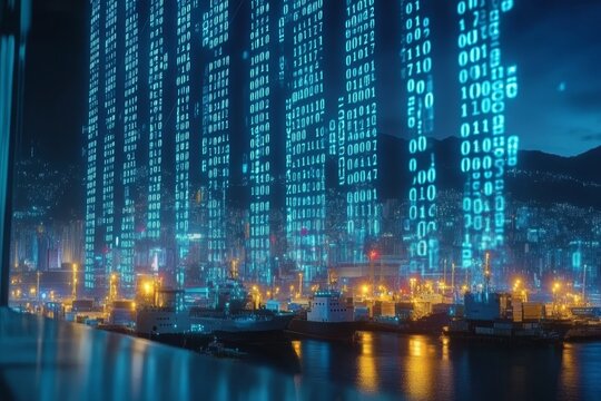 Futuristic Cityscape with Binary Code Overlay and Digital Data Streams in Urban Harbor Setting