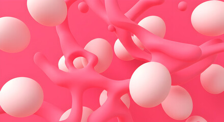 Floating Spheres and Abstract Shapes on Vibrant Pink Background