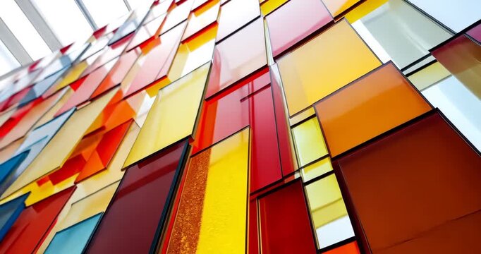 Colorful glass rectangles hang and overlap, creating an abstract and vibrant visual.