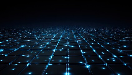 Abstract digital grid with glowing blue lights representing data flow.