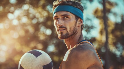 A muscular man wearing a blue headband and a blue and orange volleyball jersey stands outdoors, holding a volleyball. He is looking directly at the camera with a confident expression.