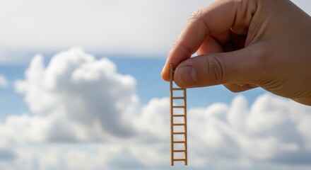 Hand holding a small wooden ladder against a cloudy sky
