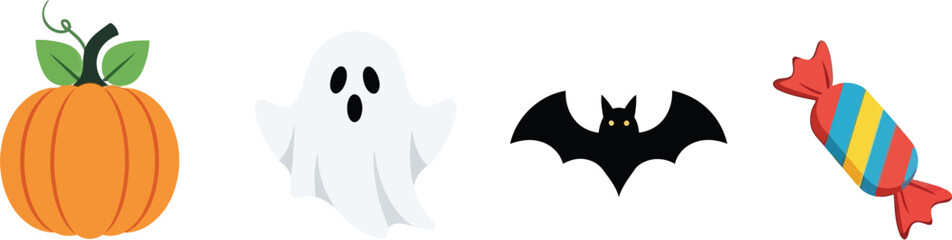 Obraz premium Halloween icons with pumpkin, ghost, bat, and candy for holiday celebration and spooky trick-or-treat season