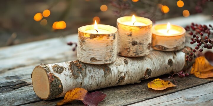 Three tea lights are arranged on a birch log, casting a warm glow. The candles are wrapped in birch bark, adding a rustic texture. 