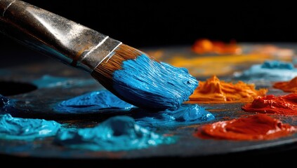 Obraz premium Close-up of artist's paintbrush dipping into vibrant blue paint on a palette with orange and red