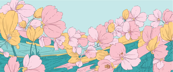 Abstract floral background seamless flower pattern design with pink blossoms and decorative nature elements