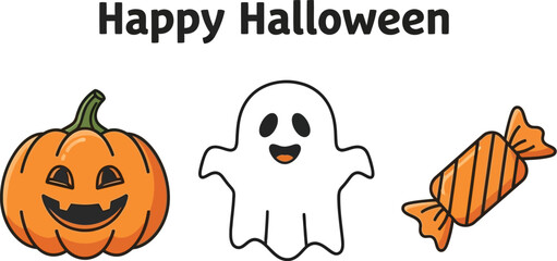 Obraz premium A cheerful halloween illustration featuring a pumpkin, a ghost, and a candy for a festive celebration