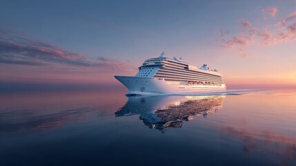 Luxury cruise ship departing from port with calm ocean waters, scenic coastline, and vibrant sky, elegant vacation travel and nautical adventure concept