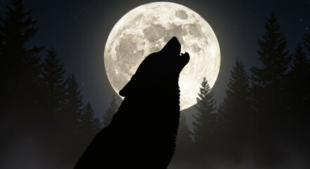 Moonlit Howl Lone wolf silhouette calls to the moon with mystical forest night.