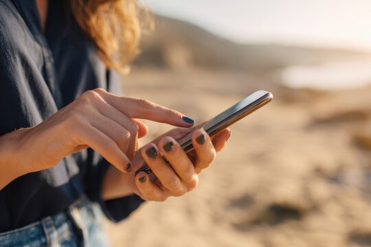 Female hands use phone close-up, macro. Woman with smartphone at sea beach resort. Sunset. Girl checking social media, texting with friends, surfing online, enjoys vacation. Typing message, news.