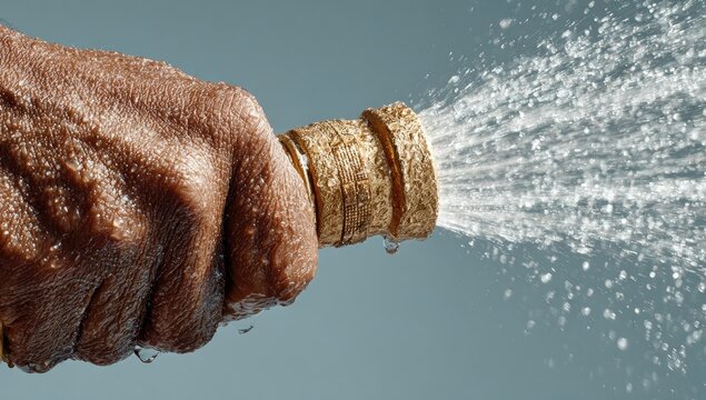 Hand holding a garden hose nozzle spraying water