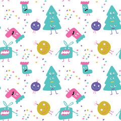 Christmas tree and monster seamless pattern with confetti, cute cartoon style on white background