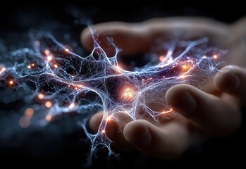 Futuristic digital network glowing in a human hand.